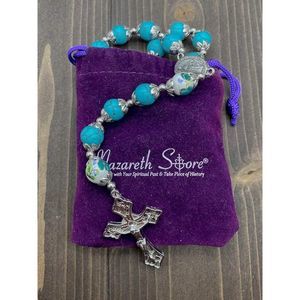 Turquoise Marble Beads Rosary Nazareth Catholic Cross Crucifix Silver Velvet Bag